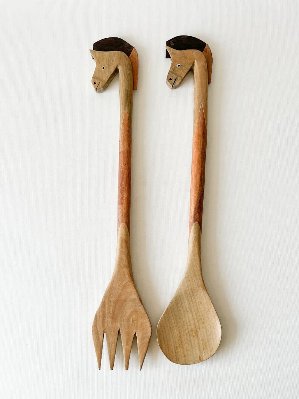 Vintage Hand Carved Wood Giraffe Salad Serving Spoon Fork MCM 13"